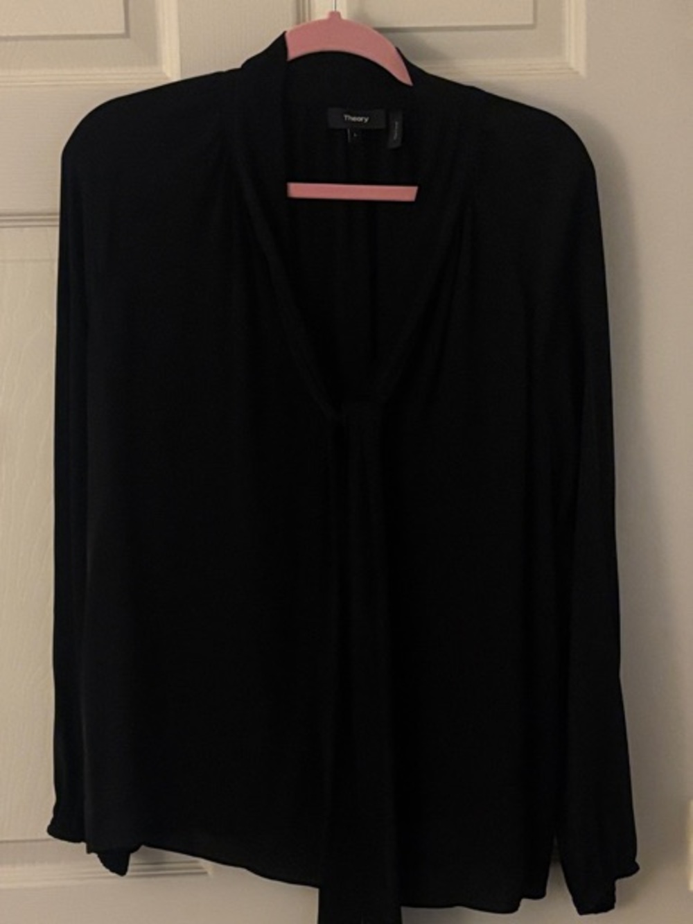 Theory Silk Black Long-Sleeve Tie-Neck Blouse L